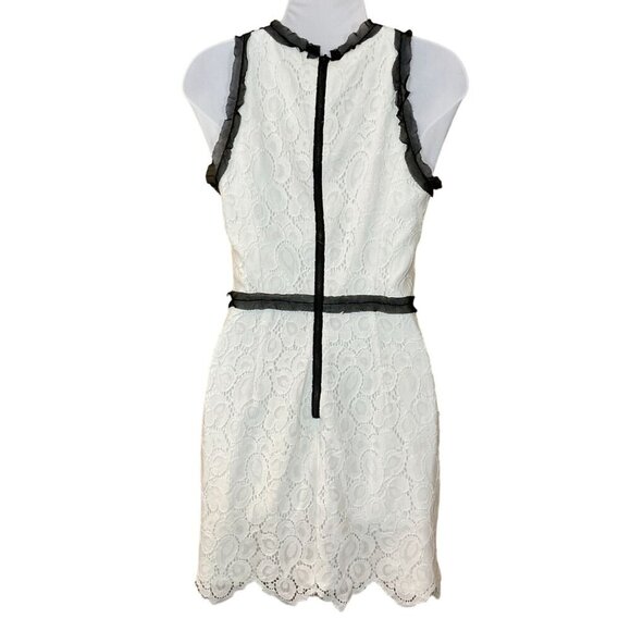 Milly Sleeveless White Lace Dress Black Tulle Trim Exposed Zipper Mini Dress 6 - Picture 4 of 10